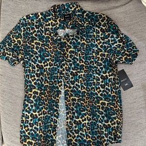 RVCA Men's Casual Leopard Print Shirt - Blue and Brown